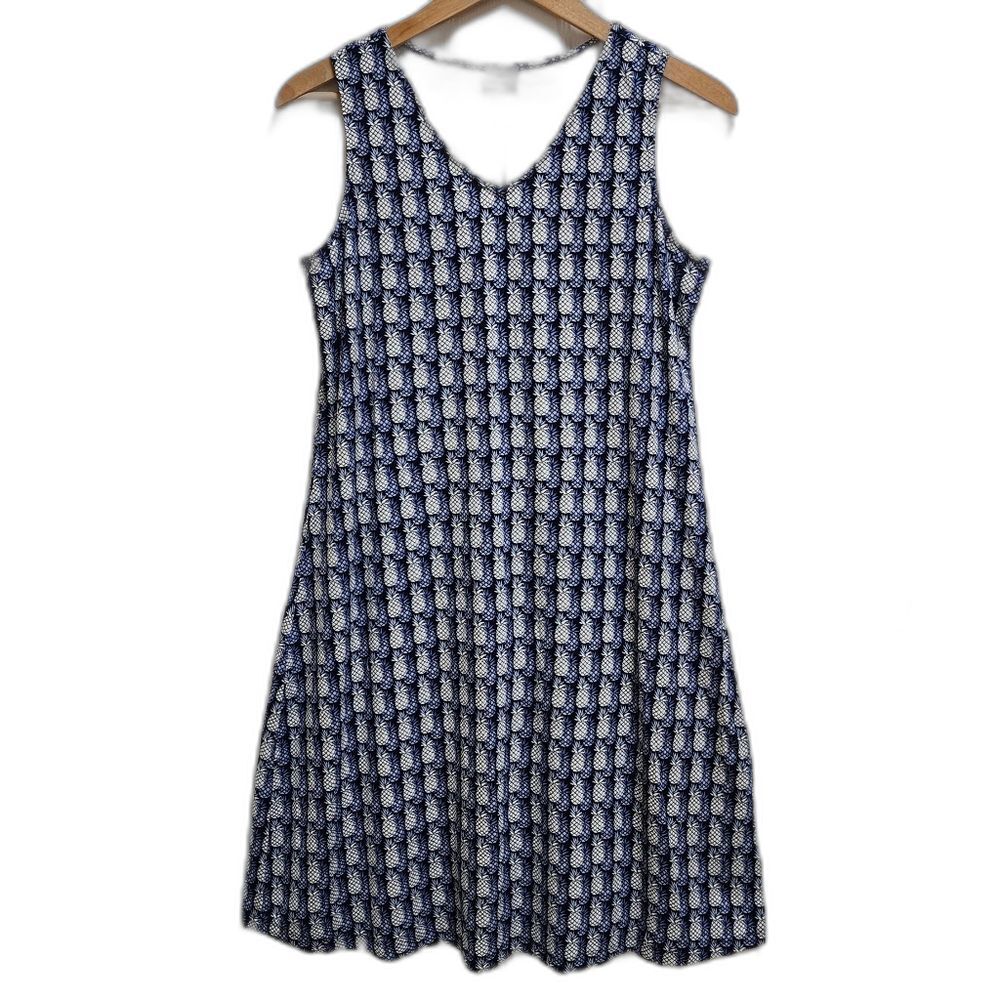 Chico's Dress Womens Size L Blue White Pineapple Print Sleeveless Stretch Casual